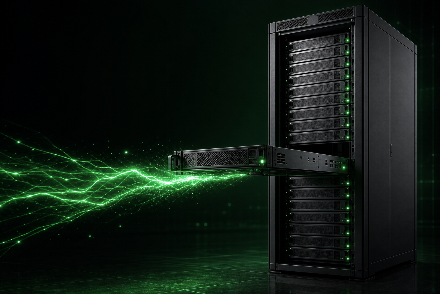 Black AI server rack with a floating compute tray emitting green current